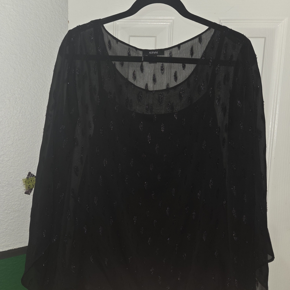 Alfani Black Sheer Sparkle Long-Sleeve Blouse With Tank Top Under, Size XL - Picture 5 of 6